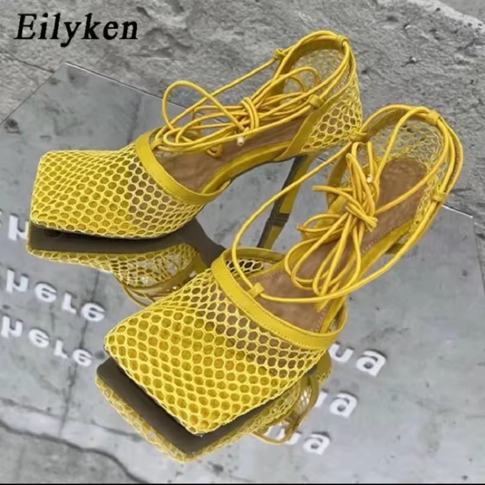 Yellow Lace-Up Mesh High Heel Sandals